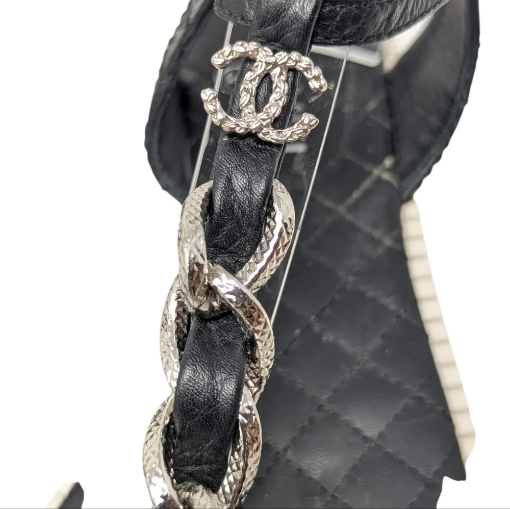 Chanel Black T-Strap CC Silver Chain Quilted Sandals Size EU 39